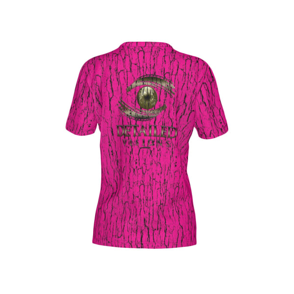 Women Blaze Pink Tree Bark Camo Performance UPF+50 V-Neck Short Sleeve Shirt