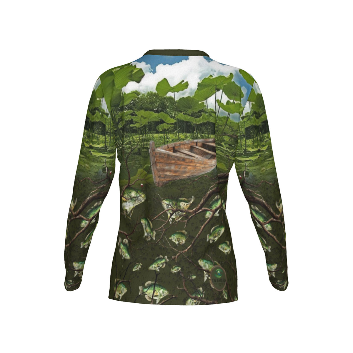 Women Crappie Fishing on a Pirogue Performance UPF+50 V-Neck Long Sleeve Shirt