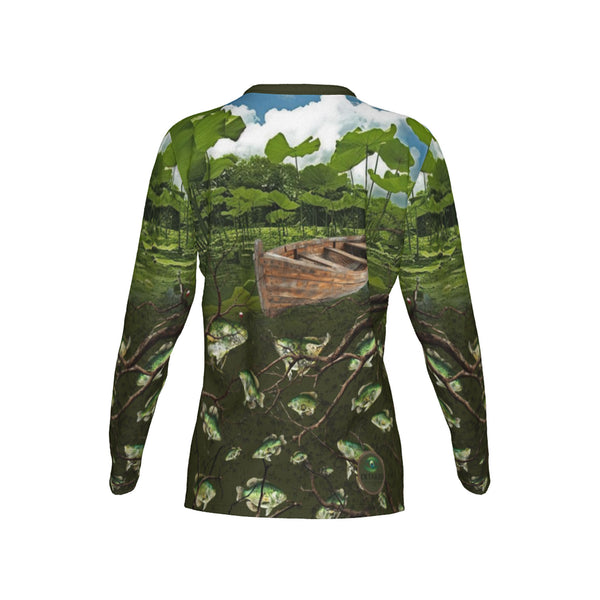 Women Crappie Fishing on a Pirogue Performance UPF+50 V-Neck Long Sleeve Shirt