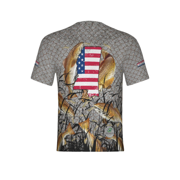Men Mississippi Bull Redfish Feeding Frenzy Performance UPF+50 Short Sleeve Shirt