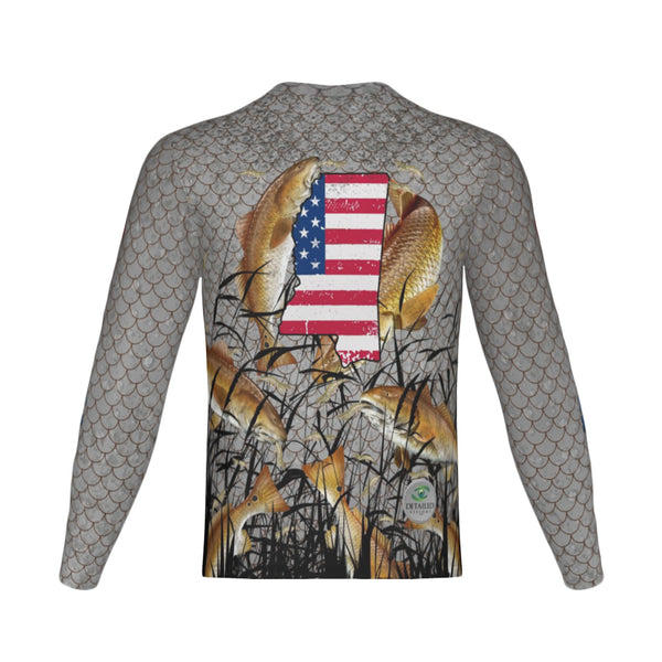 Men Mississippi Bull Redfish Feeding Frenzy Performance UPF+50 Long Sleeve Shirt