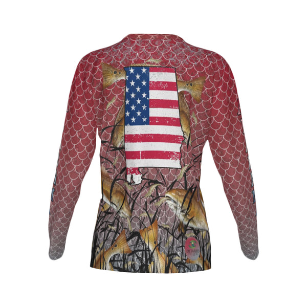 Women Alabama Bull Redfish Feeding Frenzy Performance UPF+50 V-Neck Long Sleeve Shirt