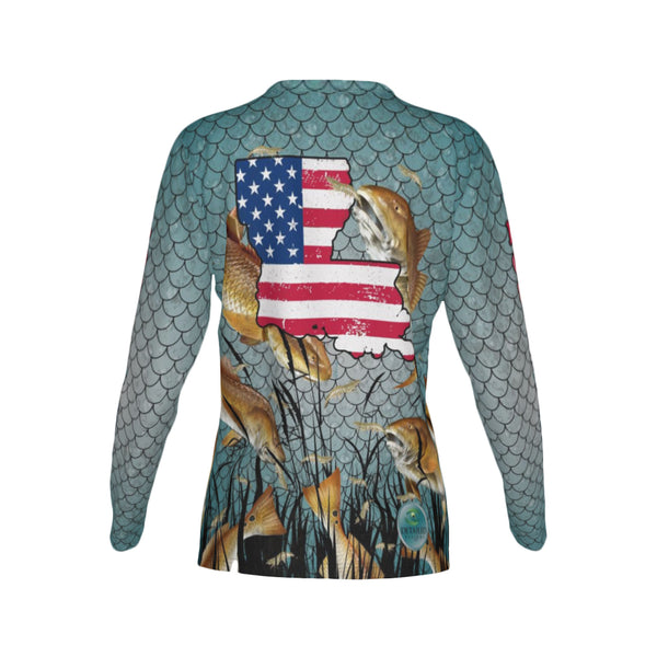 Women Louisiana Bull Redfish Feeding Frenzy Performance UPF+50 V-Neck Long Sleeve Shirt