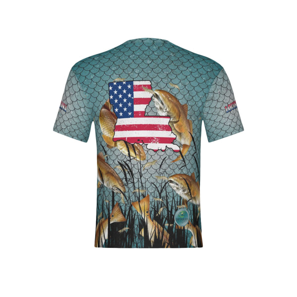 Men Louisiana Bull Redfish Feeding Frenzy Performance UPF+50 Short Sleeve Shirt
