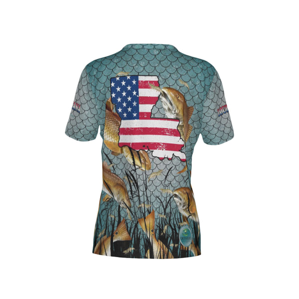 Women Louisiana Bull Redfish Feeding Frenzy Performance UPF+50 V-Neck Short Sleeve Shirt