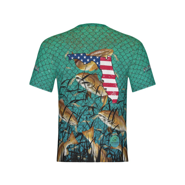 Men Florida Bull Redfish Feeding Frenzy Performance UPF+50 Short Sleeve Shirt