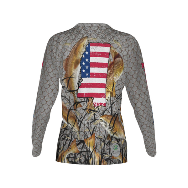 Women Mississippi Bull Redfish Feeding Frenzy Performance UPF+50 V-Neck Long Sleeve Shirt