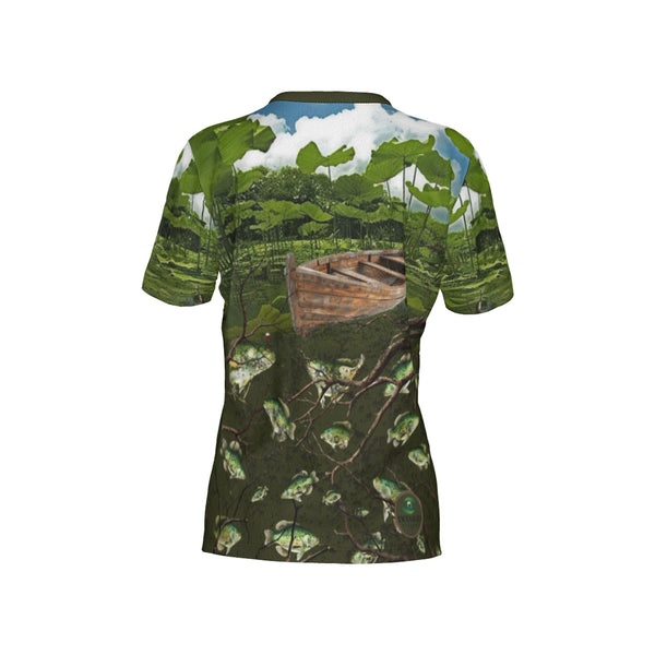 Women Crappie Fishing on a Pirogue Performance UPF+50 V-Neck Short Sleeve Shirt
