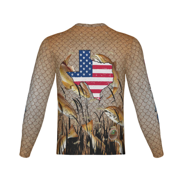 Men Texas Bull Redfish Feeding Frenzy Performance UPF+50 Long Sleeve Shirt