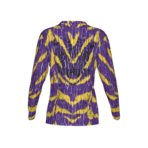 Women Purple and Gold Tigers Performance UPF+50 V-Neck Long Sleeve Shirt