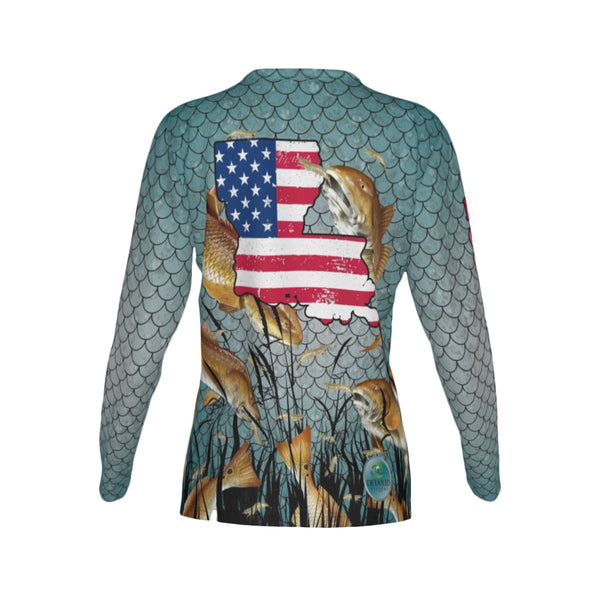 Women Louisiana Bull Redfish Feeding Frenzy Performance UPF+50 Crew Neck Long Sleeve Shirt