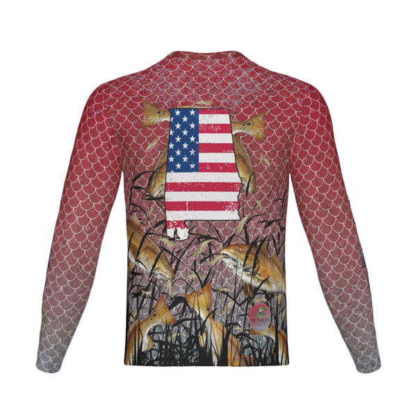Men Alabama Bull Redfish Feeding Frenzy Performance UPF+50 Long Sleeve Shirt