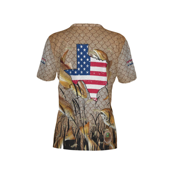 Women Texas Bull Redfish Feeding Frenzy Performance UPF+50 V-Neck Short Sleeve Shirt