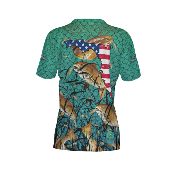 Women Florida Bull Redfish Feeding Frenzy Performance UPF+50 V-Neck Short Sleeve Shirt