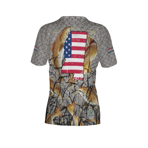 Women Mississippi Bull Redfish Feeding Frenzy Performance UPF+50 Crew Neck Short Sleeve Shirt