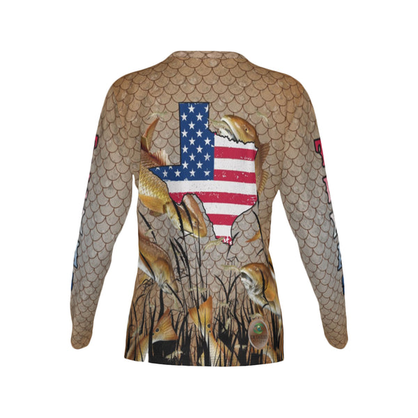 Women Texas Bull Redfish Feeding Frenzy Performance UPF+50 Crew Neck Long Sleeve Shirt