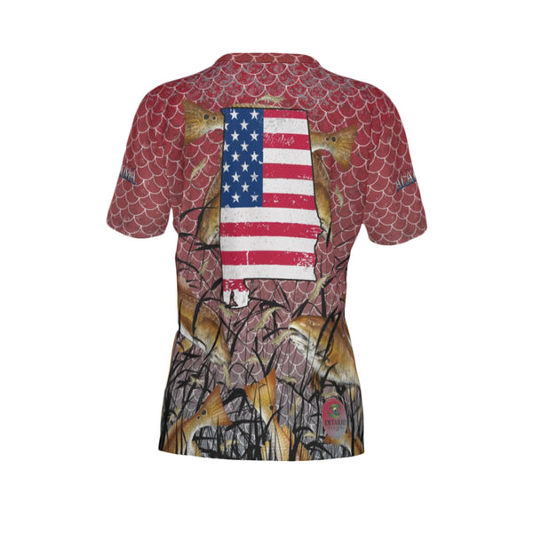 Women Alabama Bull Redfish Feeding Frenzy Performance UPF+50 V-Neck Short Sleeve Shirt