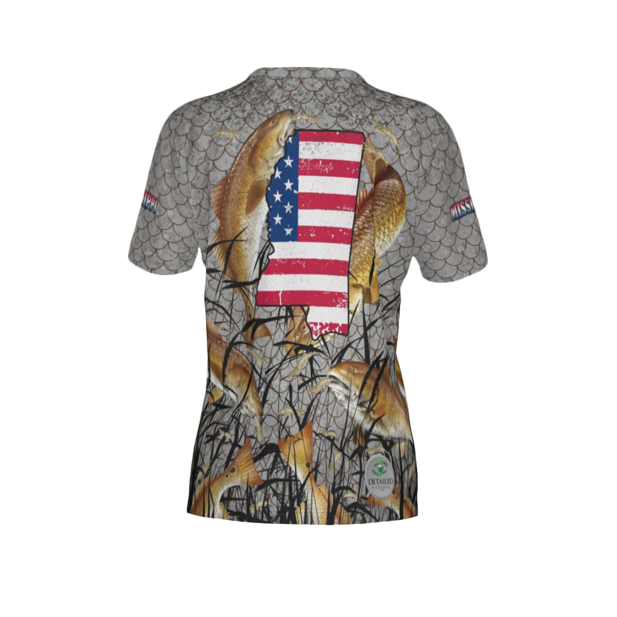 Women Mississippi Bull Redfish Feeding Frenzy Performance UPF+50 V-Neck Short Sleeve Shirt