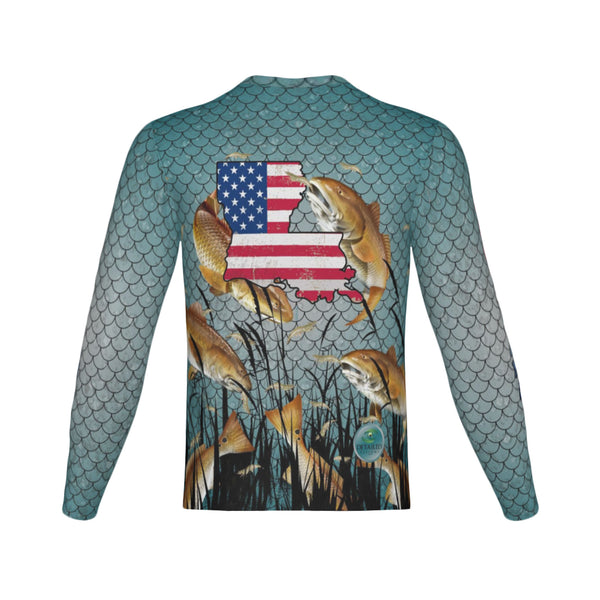 Men Louisiana Bull Redfish Feeding Frenzy Performance UPF+50 Long Sleeve Shirt