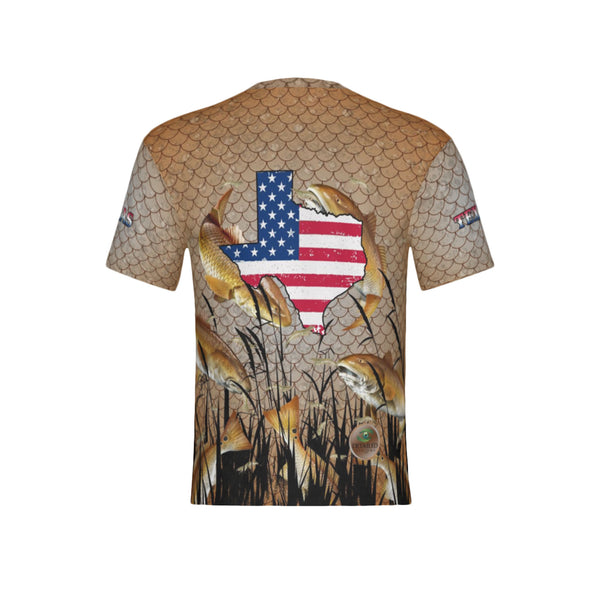 Men Texas Bull Redfish Feeding Frenzy Performance UPF+50 Short Sleeve Shirt