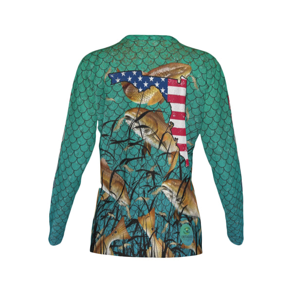 Women Florida Bull Redfish Feeding Frenzy Performance UPF+50 Crew Neck Long Sleeve Shirt