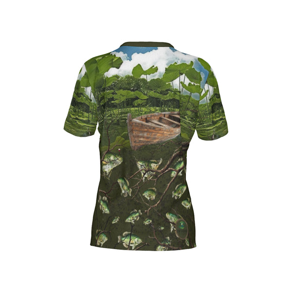 Women Crappie Fishing on a Pirogue Performance UPF+50 Crew Neck Short Sleeve Shirt