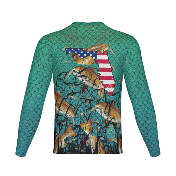 Men Florida Bull Redfish Feeding Frenzy Performance UPF+50 Long Sleeve Shirt