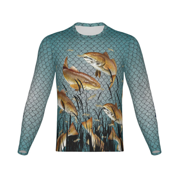 Men Louisiana Bull Redfish Feeding Frenzy Performance UPF+50 Long Sleeve Shirt