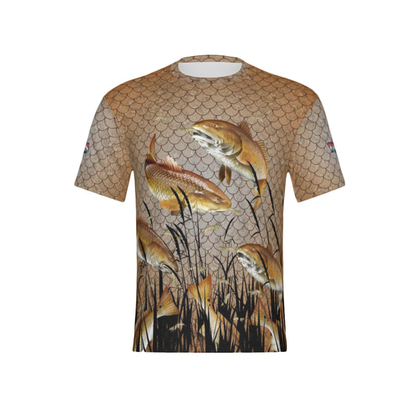 Men Texas Bull Redfish Feeding Frenzy Performance UPF+50 Short Sleeve Shirt