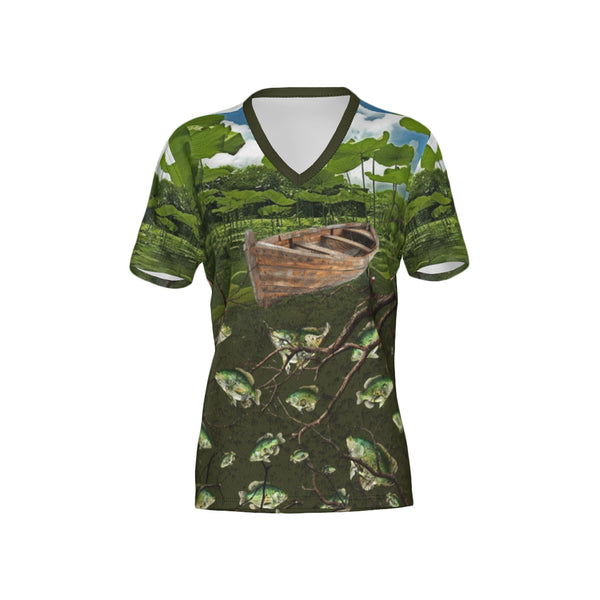 Women Crappie Fishing on a Pirogue Performance UPF+50 V-Neck Short Sleeve Shirt