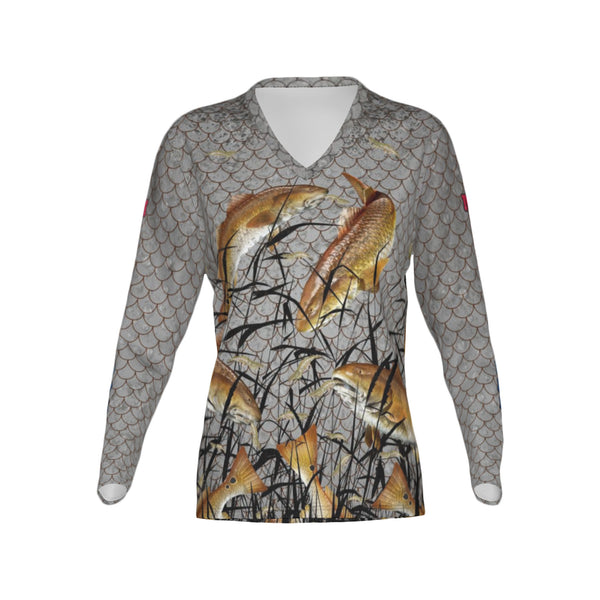 Women Mississippi Bull Redfish Feeding Frenzy Performance UPF+50 V-Neck Long Sleeve Shirt