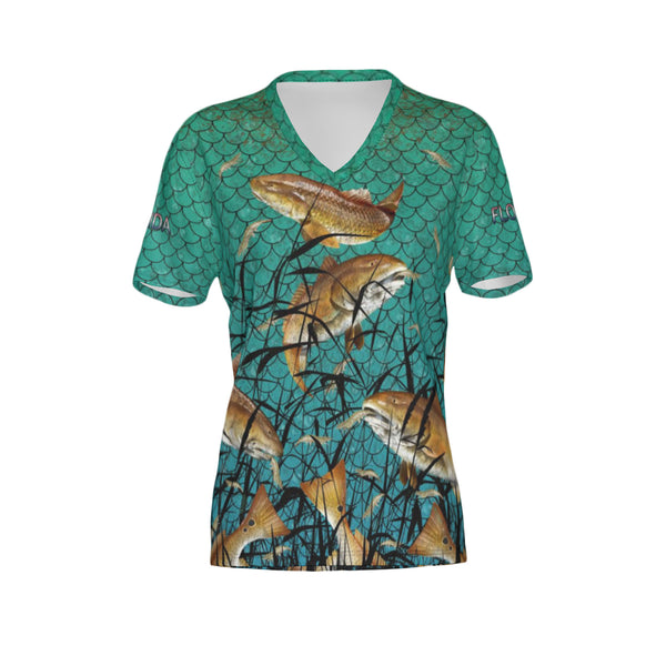 Women Florida Bull Redfish Feeding Frenzy Performance UPF+50 V-Neck Short Sleeve Shirt