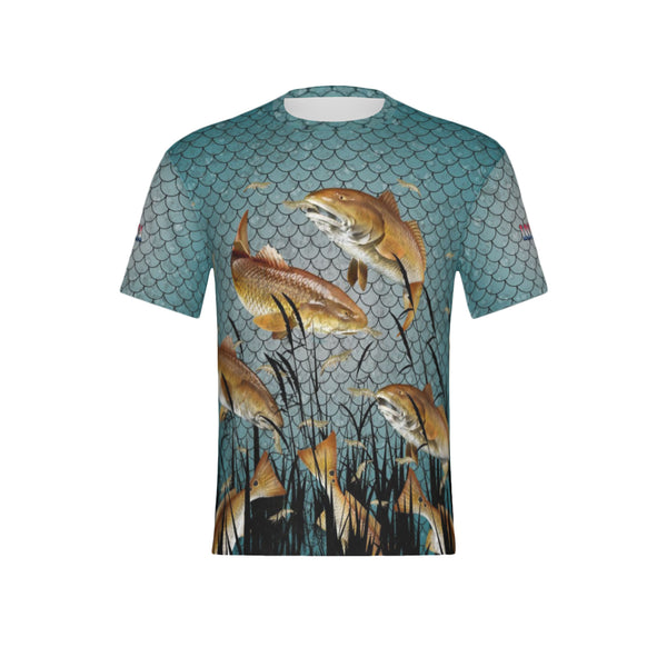 Men Louisiana Bull Redfish Feeding Frenzy Performance UPF+50 Short Sleeve Shirt