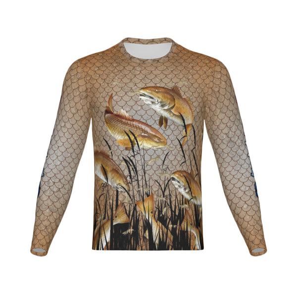 Men Texas Bull Redfish Feeding Frenzy Performance UPF+50 Long Sleeve Shirt