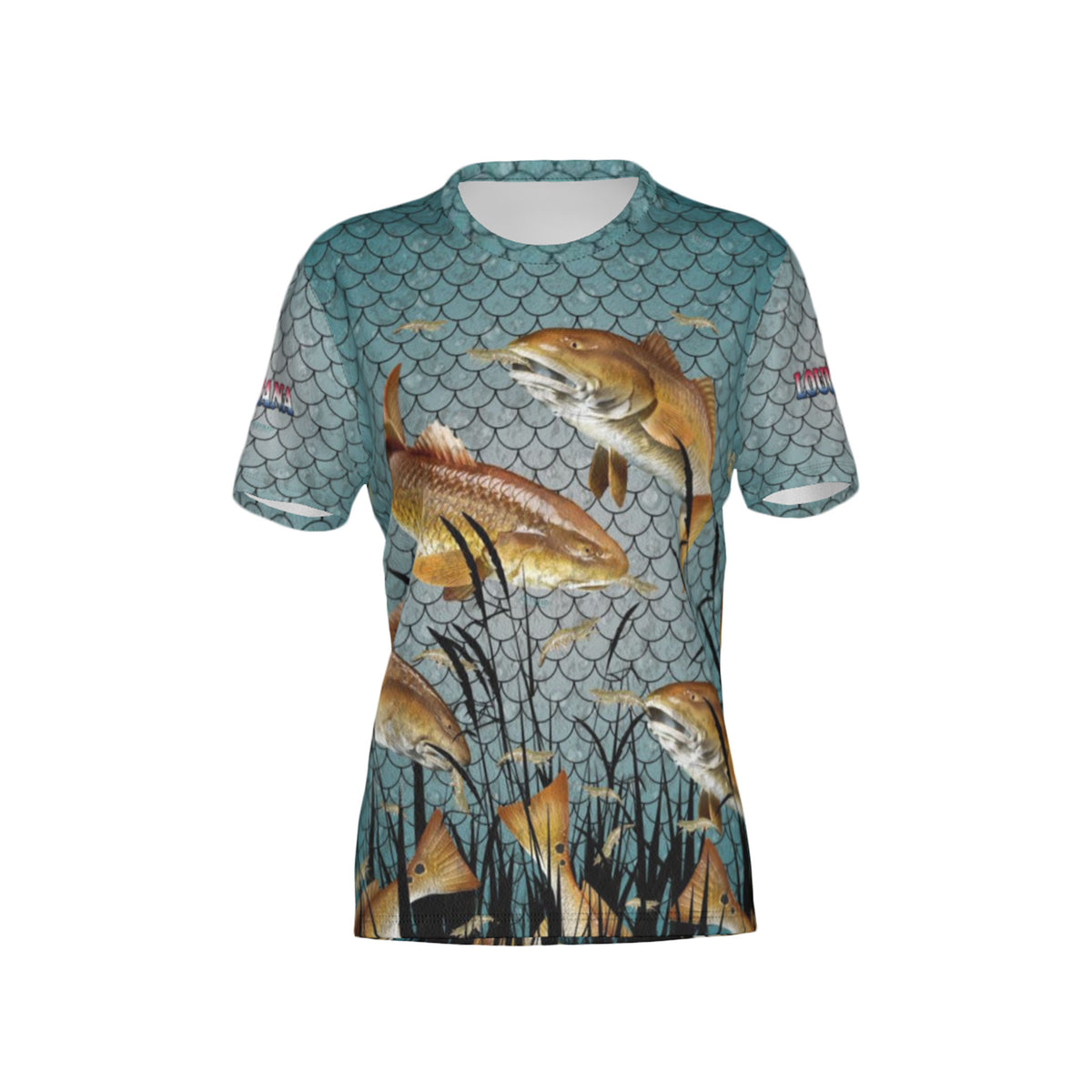 Women Louisiana Bull Redfish Feeding Frenzy Performance UPF+50 Crew Neck Short Sleeve Shirt