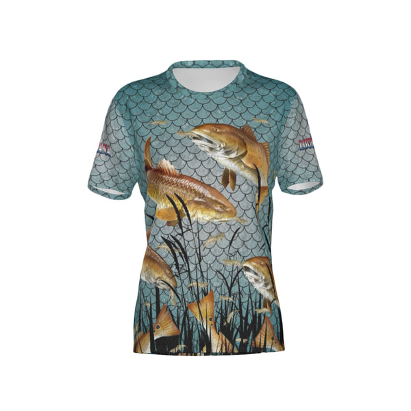 Women Louisiana Bull Redfish Feeding Frenzy Performance UPF+50 Crew Neck Short Sleeve Shirt
