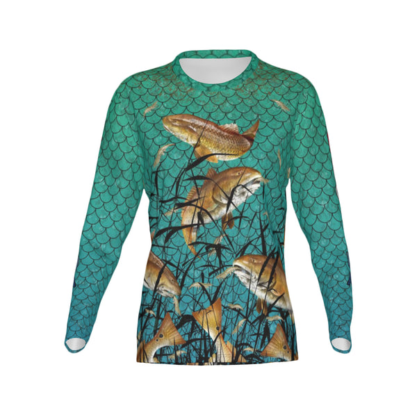 Women Florida Bull Redfish Feeding Frenzy Performance UPF+50 Crew Neck Long Sleeve Shirt