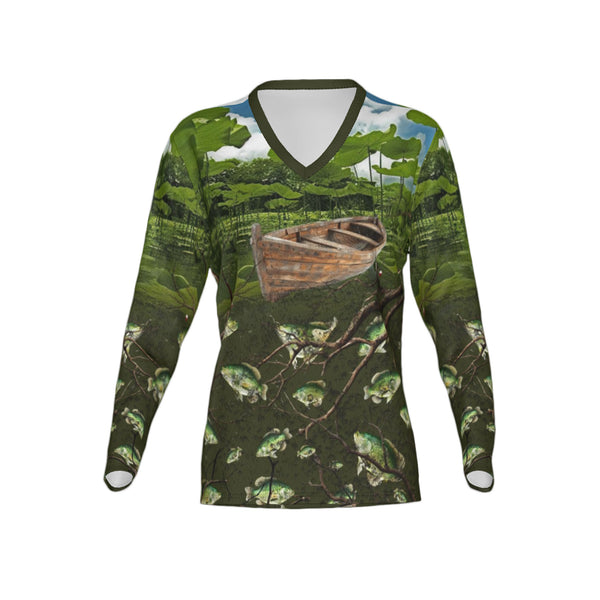 Women Crappie Fishing on a Pirogue Performance UPF+50 V-Neck Long Sleeve Shirt