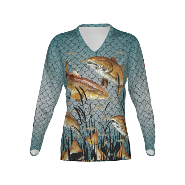 Women Louisiana Bull Redfish Feeding Frenzy Performance UPF+50 V-Neck Long Sleeve Shirt