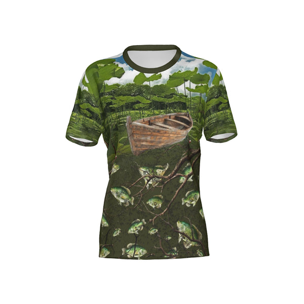 Women Crappie Fishing on a Pirogue Performance UPF+50 Crew Neck Short Sleeve Shirt