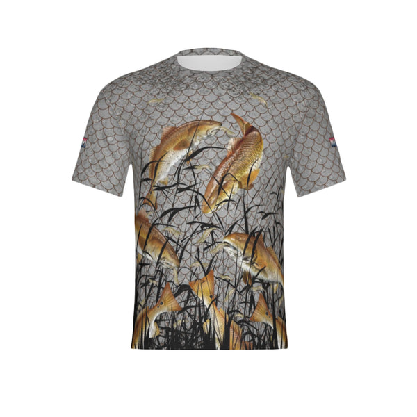 Men Mississippi Bull Redfish Feeding Frenzy Performance UPF+50 Short Sleeve Shirt