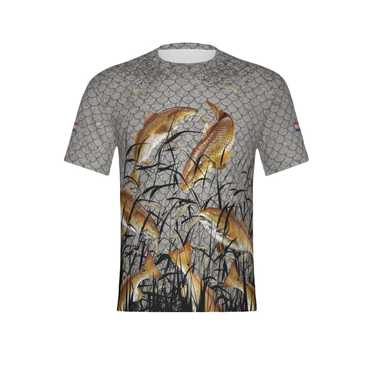 Men Mississippi Bull Redfish Feeding Frenzy Performance UPF+50 Short Sleeve Shirt