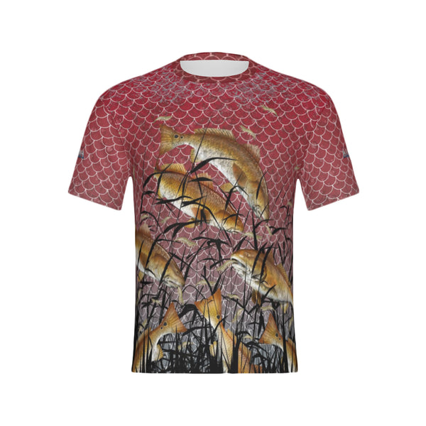 Men Alabama Bull Redfish Feeding Frenzy Performance UPF+50 Short Sleeve Shirt