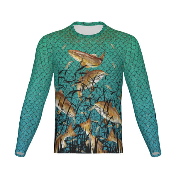 Men Florida Bull Redfish Feeding Frenzy Performance UPF+50 Long Sleeve Shirt