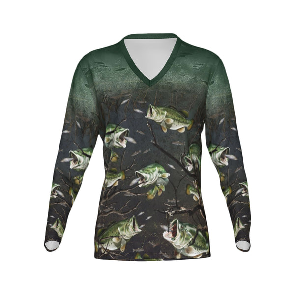 Women All About the Bass Performance UPF+50 V-Neck Long Sleeve Shirt