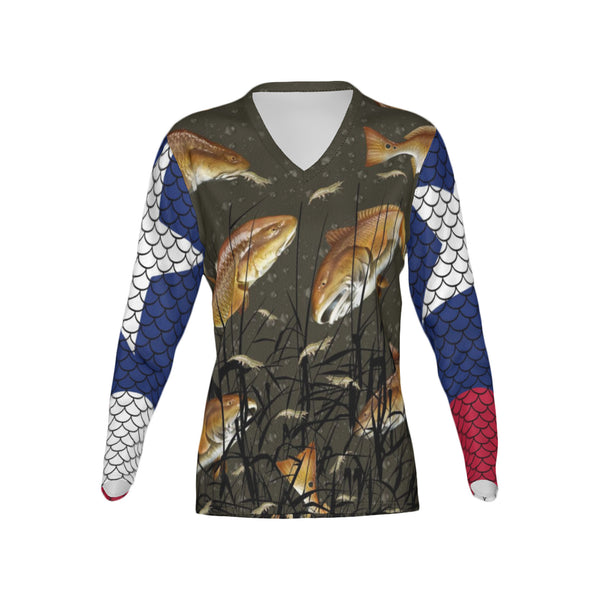 Texas Edition-Women Bull Redfish Performance UPF+50 V-Neck Long Sleeve Shirt