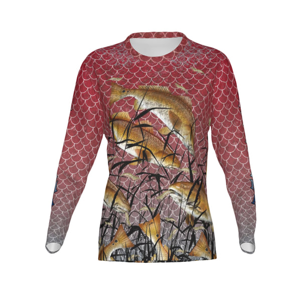 Women Alabama Bull Redfish Feeding Frenzy Performance UPF+50 Crew Neck Long Sleeve Shirt