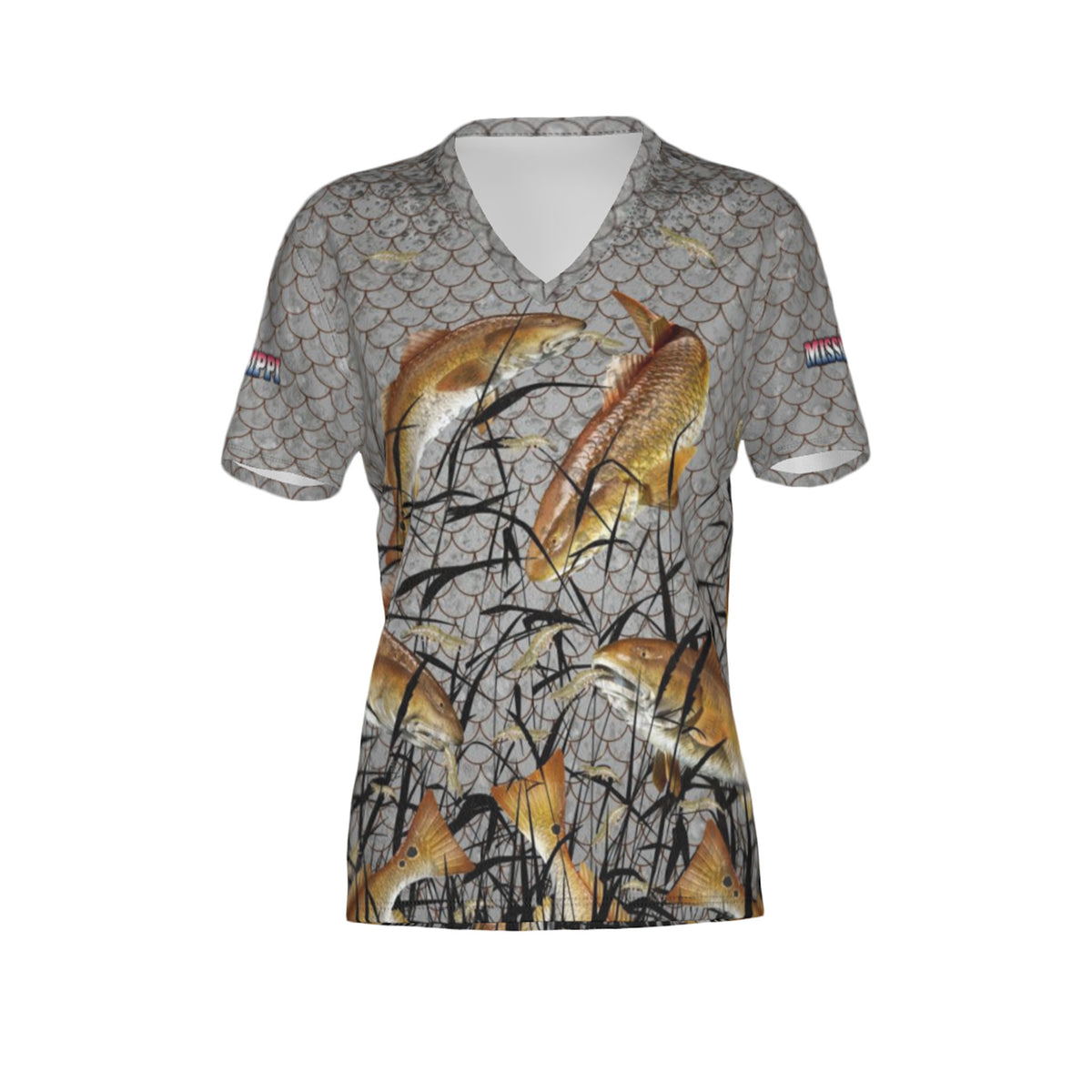 Women Mississippi Bull Redfish Feeding Frenzy Performance UPF+50 V-Neck Short Sleeve Shirt