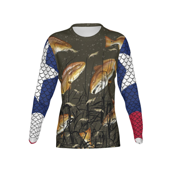 Texas Edition-Women Bull Redfish Performance UPF+50 Crew Neck Long Sleeve Shirt