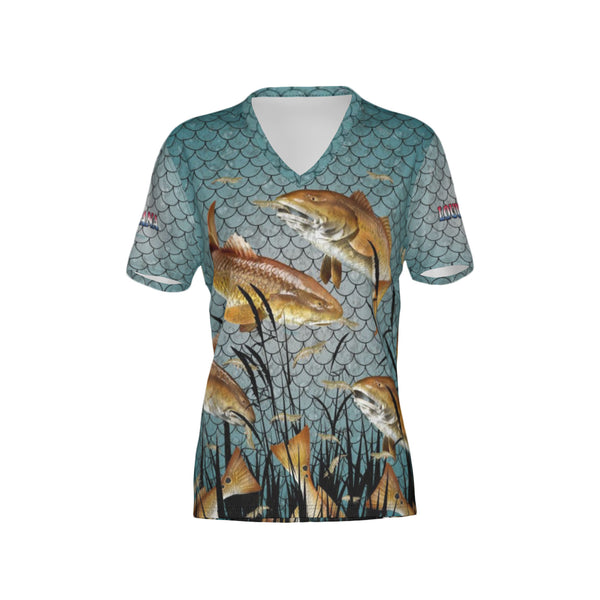 Women Louisiana Bull Redfish Feeding Frenzy Performance UPF+50 V-Neck Short Sleeve Shirt